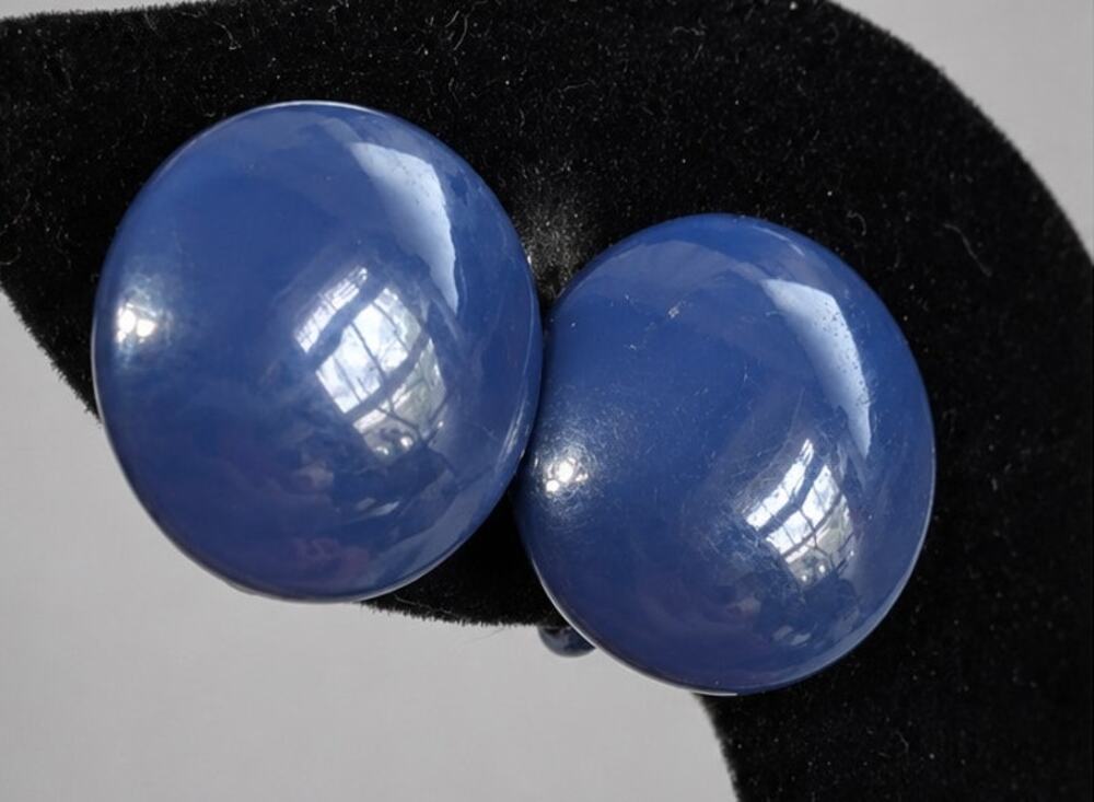 Vintage Blue Button Clip-on Earrings 5/8” Enamel Silver-tone Metal Mid-century b